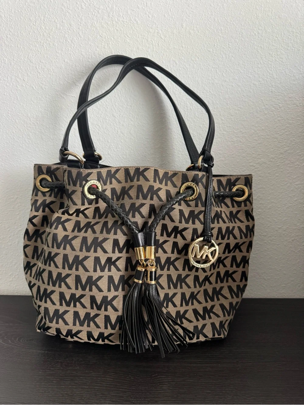 Michael Kors Brown & Black MK Logo Shoulder Bag with Tassel